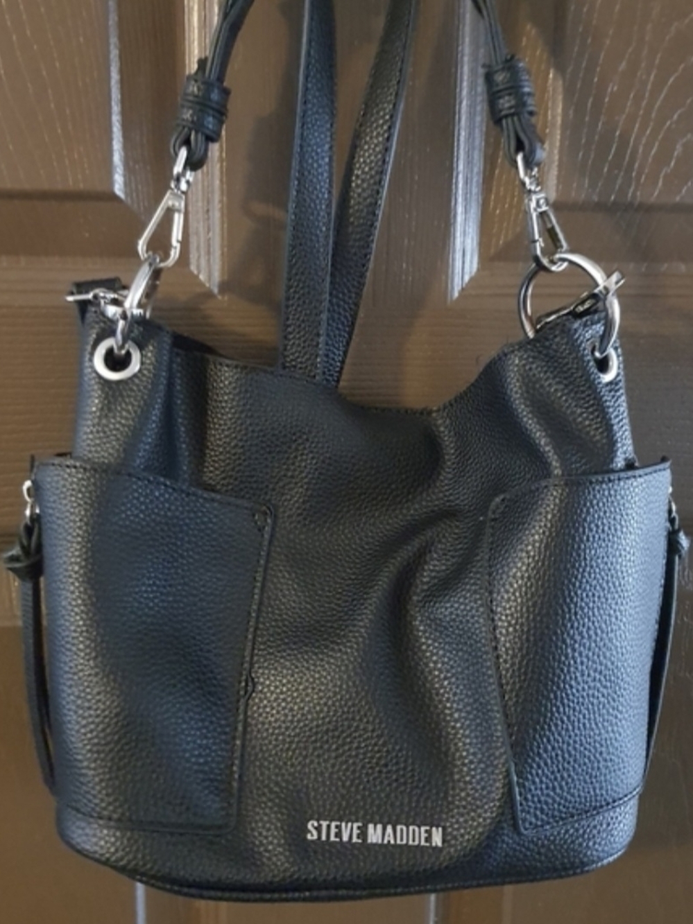 Steve Madden Black Pebbled Shoulder Bag with Front Pockets